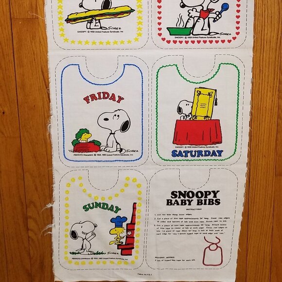 Vintage Fabric Snoopy Baby Bibs Panel Days of the Week Cotton White Background - Picture 11 of 12
